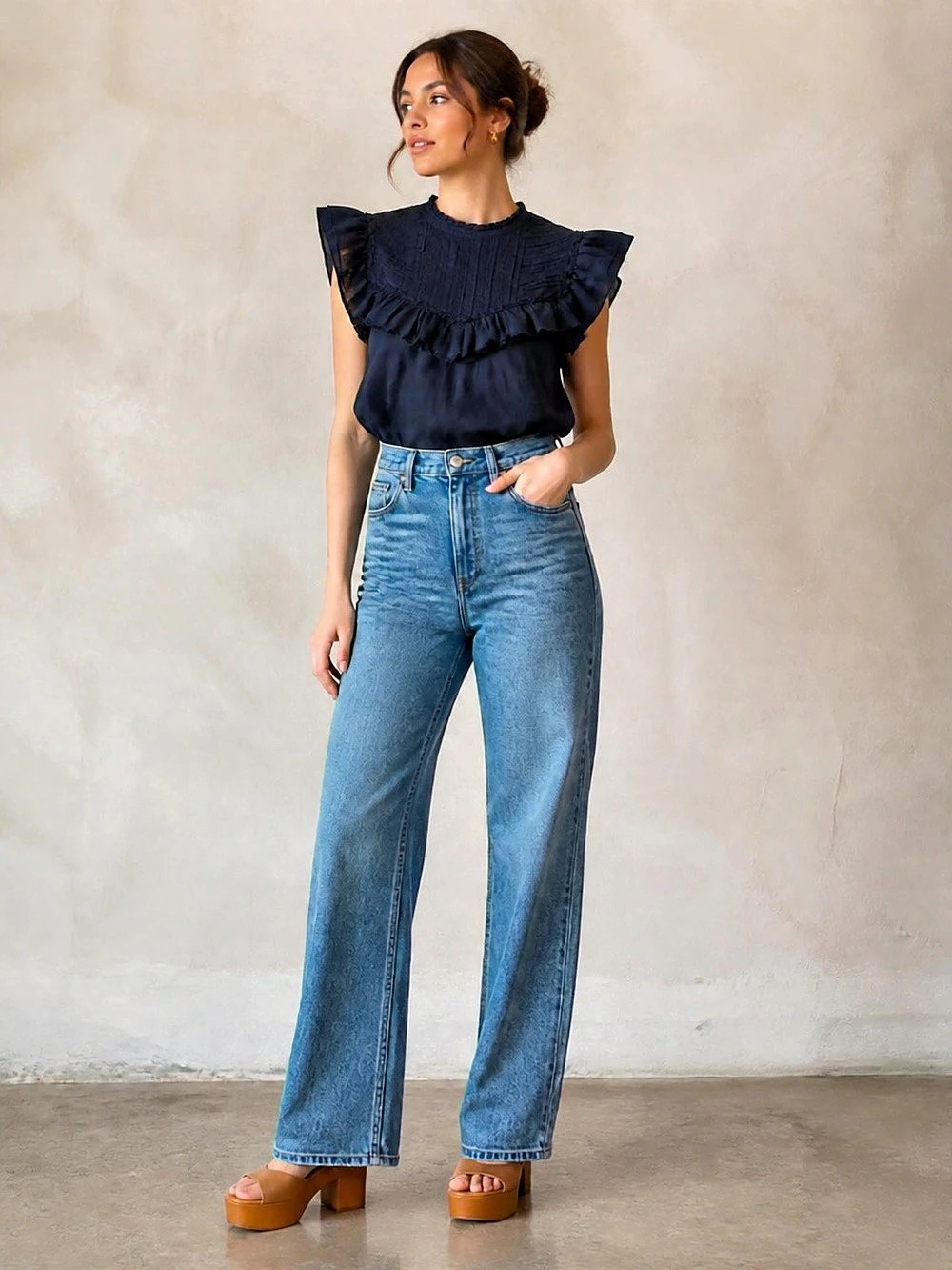 Veronica Beard Cotton Ruffled Blouse in Navy Blue Size 8